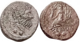 BRUNDISIUM , Æ13 Sextans, 2nd Cent BC, Neptune head r, Nike behind, 2 pellets below/ Phalanthos on dolphin hldg lyre; 2 pellets; VF+/VF, centered, red...