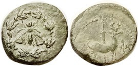 EPHESOS , Æ15, 202-133 BC, Bee within wreath/stag stg r, torch behind, Phi in front; VF, rev off-ctr to bottom (bottom lgnd off), dark green patina wi...