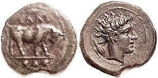 GELA , Æ18, 420-405 BC, Trias, Bull stg r, 3 pellets below/River God Gelas head ...