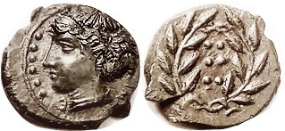 HIMERA, Æ17 (Hemilitron), 420-408 BC, Nymph hd l./6 pellets in wreath, S1110; Ch...