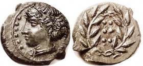 HIMERA, Æ17 (Hemilitron), 420-408 BC, Nymph hd l./6 pellets in wreath, S1110; Choice EF, obv sl off-ctr but head complete. rev well centered; sharply ...