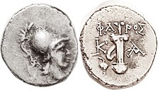 KAUNOS , Hemidrachm, c.166-100 BC, Athena head r/ sword in sheath, magistrate PHAROS above, grape bunch left as S4818; VF, obv centered somewhat low b...
