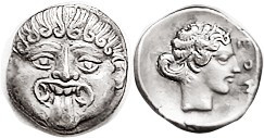 NEAPOLIS (Macedon), Hemidrachm, 424-350 BC, Facing Gorgoneion/nymph head r, lgnd at rt, S1417; EF/AEF, centered & well struck with strong detail, a bo...