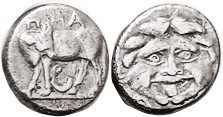 PARION , Hemidrachm, 350-300 BC, Bull stg l, looking back, crescent below/Facg G...
