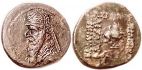 PARTHIA, Mithradates II, 123-88 BC, Æ18, Bust l./ Pegasus rt, Sel.28.8; AEF/VF, nrly centered, dark brown patina with minor surface quibbles, rev a li...