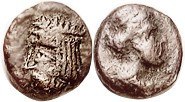PARTHIA , Artabanus IV, now upgraded to Artabanus V, c80-90 AD, Æ10 Chalkos, Sellw.74.10; Bust l./Tyche bust r; F, dark brown, obv centered sl low, bo...