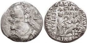 PARTHIA , Vologases III, c.105-147 AD, Tet, Sellw.79.3 (or .7), Bust l., B behind/Tyche giving wreath to ruler, Year clear, month off; AF/F+, obv some...