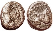 PARTHIA , Osroes I, c.109-29 AD, Æ11 Chalkos, Bust l., with round hair bush at back/ griffin r, Sellw.80.29; F, brown patina, obv off-ctr crowding pro...