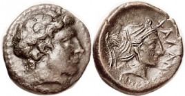 PHALANNA , Æ17, c.350 BC, Youthful male hd r/Female head in sakkos r, S2180; Choice VF/AEF, well centered, smooth dark brown patina, unusually strong ...