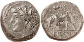 SYRACUSE , Hieron II, 275-215 BC, Æ18, Kore hd l./bull butting l, above club & AP monogram, as S1218; VF, nrly centered, glossy deep green patina, min...