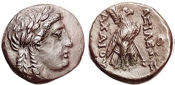 SYRIA , Achaios, 220-214 BC, Æ18, Apollo head r/Eagle stg r, palm branch, S6962;...