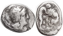 TARENTUM, Diobol, c. 380-325 BC, Athena head r/ Herakles wrestling with lion, Z betw legs, Vlas.1399; F, centered on oval flan, decent with lt tone, f...