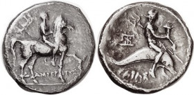 TARENTUM , Nomos, c.272-240 BC, Youth on horse rt, Nike behind, magistrate Damocritos/ Boy on dolphin r, hldg cornucopiae & trident, Vlas.919; VF, wel...