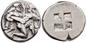 THASOS , Stater, 463-411 BC, ithyphallic Satyr carrying struggling nymph, shouting "#metoo!"/ 4-part square; S1746 (£425); Choice VF, well centered & ...