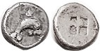 THASOS, Hemiobol, c. 500 BC, Dolphin rt, 2 pellets/4-part incuse square, S1360; AVF, well centered, decent metal, ltly toned; 7+ mm, quite heavy for t...