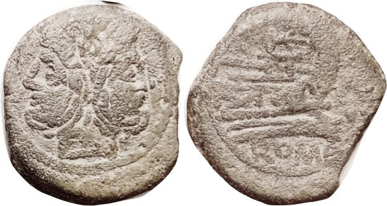 As, Janus head/Prow, VARO above , 169-158 BC, Cr. 185/1, Syd.364; F-VF, sl off-c...