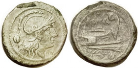 Æ Uncia, Anonymous, c.215-212 BC, Roma head r, pellet behind/prow r, pellet below; Cr. 41/10, Sy.108; VF, centered, well struck, deep green, minor fla...