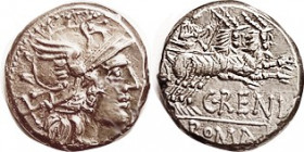 C. Renius, Den, 138 BC, Cr.231/1, Sy.432; Roma head r/Juno Caprotina in biga of goats r; EF, nrly centered on usual small flan, Juno's head crowded bu...
