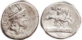 L. Marcius Philippus, Denarius, 113-112 BC, Cr.293/1, Sy.551, Helmeted head of Philip V of Macedon/Equestrian statue atop tablet; AVF, very minor surf...