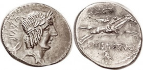 L. Calpurnius Piso Frugi, Den., Cr.340/1, Sy.660; 90 BC, Apollo head r, number behind/ horseman zinging rt number above, RA monogram below; EF, well c...