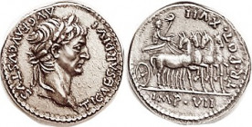 TIBERIUS , Den, Rev Ruler in quadriga, COPY , by Slavei, struck in silver, Choice EF+, ltly toned, outstanding quality workmanship.