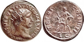 TRAJAN , Dup., TR POT COS IIII PP, Abundantia std l, on curule chair; AEF, nrly centered, almost complete lgnds, medium brown patina, minor roughness,...