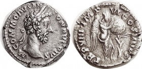 COMMODUS , Den, TRP VIII IMP VI COS IIII PP, Victory writing on shield; EF, centered, complete lgnds, tiny edge splits, well struck for Commodus with ...