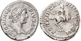 CARACALLA , Den, PONTIF TRP VIIII COS II, Ruler on horse r; AEF, rev a hair off-ctr, full lgnds, horse head wk but otherwise well struck with sharp be...