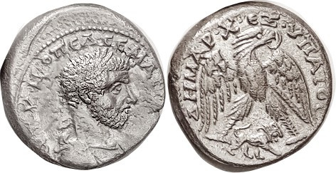 MACRINUS , Heliopolis, Tet, Eagle facg, head r, lion stg r betw legs, Pr.1202; V...