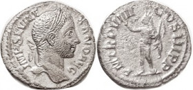 SEVERUS ALEXANDER, Den, PM TRP VIIII COS III PP, Sol stg l; VF, a hair off-ctr, complete lgnds, rather "frosty" metal surfaces. Detailed bearded portr...
