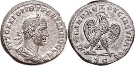 TREBONIANUS GALLUS , Antioch Tet., Draped bust r/ Eagle facg, head left, A betw legs, SC below; EF, well centered & struckj, deeply toned with much pi...