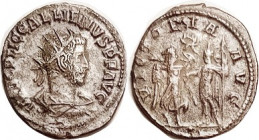 GALLIENUS , Ant, VICTORIA AVG, Victory giving wreath to Ruler, another wreath above. VF+/AVF, nrly centered on full flan, full lgnds, sharp on obv; si...
