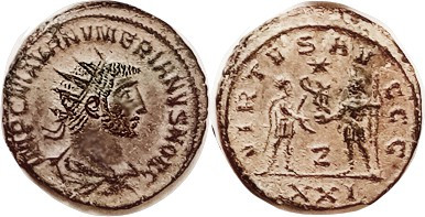 NUMERIAN , As Caesar, Ant, VIRTVS AVGGG, Numerian receiving Victory from Carinus...