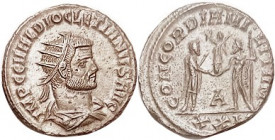DIOCLETIAN , Ant, CONCORDIA MILITVM, Ruler recei-ving Victory from Jupiter, A/XXI; EF, obv perfectly centered, rev sl off-ctr but complete; strong str...