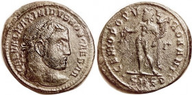 MAXIMINUS II, As Caesar, Follis, GENIO POPVLI ROMANI, Genius stg l, SMSD; VF, well centered, dark greenish patina, a trifle rough but glossy.