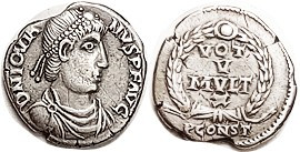 JOVIAN , Siliqua, VOT V MVLT X in wreath, PCONST; VF+, centered on a smallish fl...