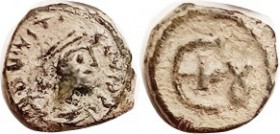 JUSTINIAN I , 5N, Theoupolis, Bust r/Large E, fishlike symbol right, S243; VF, centered, lgnd crude of course but better than usual, likewise the port...