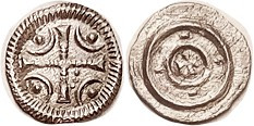 HUNGARY , Bela, 1131-41, Ar Denar, 12 mm, cross with crescents & dots/cross in c...