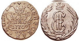 SIBERIA , 1/4 Kopeck (Polushka) 1770, Crowned E mon-ogram in wreath/denomination & date in cartouche; VF-EF, medium brown, sharp. Krause VF $150; scar...