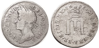 James II, 3 Pence, 1685, AF, small area of insufficient metal in rev center, oth...