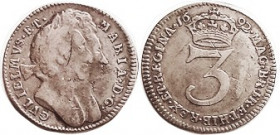 William & Mary, 3 Pence, 1692, variety with GVL below bust; AF/AVF, lt scr on William's head, moderately toned. Bought before 1976.