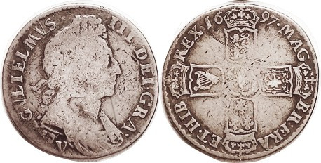 William III, Shilling, 1697-y, ESC 1086, 3rd bust, ESC 1107 ( Rare ); VG, nice f...