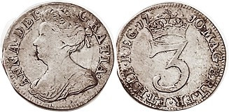 Anne, Maundy Threepence 1710, F, a few insignificant scrs, ltly toned. Bought 19...