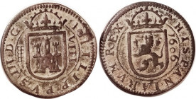 Philip III, Æ 8 Maravedis, 1606, Segovia, Lion/castle, 27 mm, VF, well struck, dark greenish-brown with earthen hilighting, quite bold. Bought 1986. (...