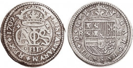 Carlos III, Pretender, 2 Reales, 1709, Barcelona, crowned monogram/crowned shield, Barcelona, 27 mm, Nice F-VF/VF, well struck, good metal with lt ton...