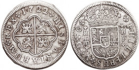 Philip V, 2 Reales 1722/1, Segovia-F, crowned arms/ lions & castles, 27+ mm, Choice VF-EF, slightly curled from roller dies, quite well struck, excell...