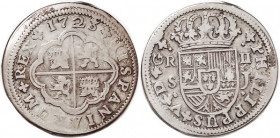 Philip V, 2 Reales, 1723, Seville-J, Lions & castles/ arms, 28 mm, F/AVF, good metal, nicely toned. Scarcer from this mint. Acquired 1985. (Krause F $...