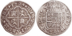 Philip V, 2 Reales, 1724, Segovia-F, Arms/lions & castles, 26+ mm, Choice VF-EF, hint of curl from roller dies, well centered & sharply struck, nice c...