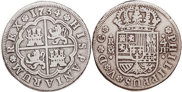 Philip V, 4 Reales, 1734 Madrid-JF, A nice evenly struck bold F, good metal with...