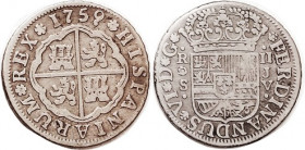 Ferdinand VI, 2 Reales, 1759, Seville-JV, Nice F-VF, ltly toned, problem-free. Acquired 1977.